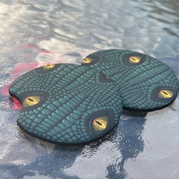 Green Dragon Eyes Car Coasters 2 Pack - Picture 3 of 9